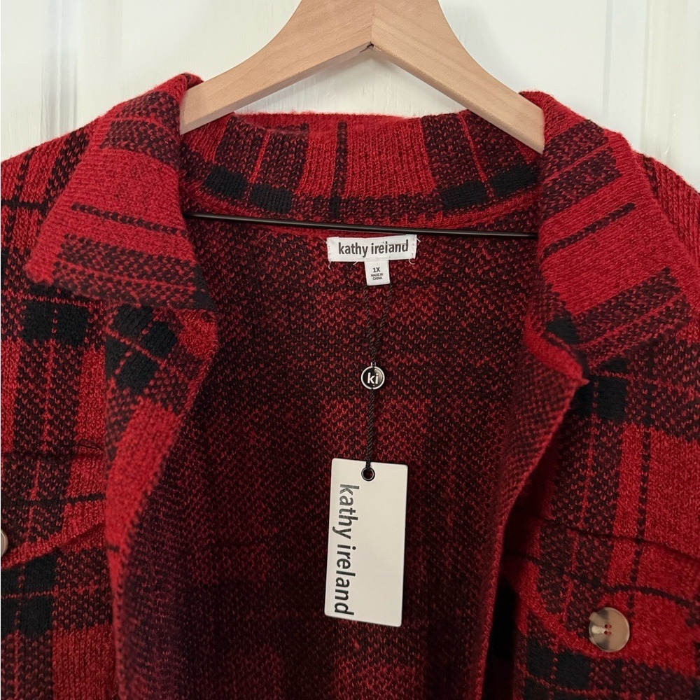 Kathy Ireland Red Black Plaid Knit Shacket Shirt Jacket HS67995X 1X NWT - Picture 6 of 7